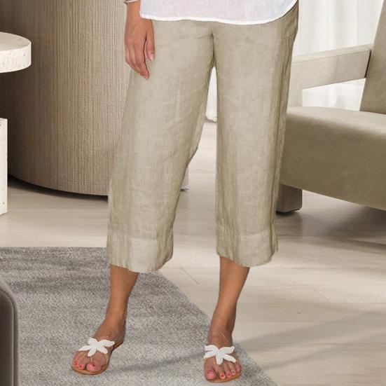 Women Pants Elastic Waist Mid-rise Wide-Leg Casual Pants with Pockets Solid Color