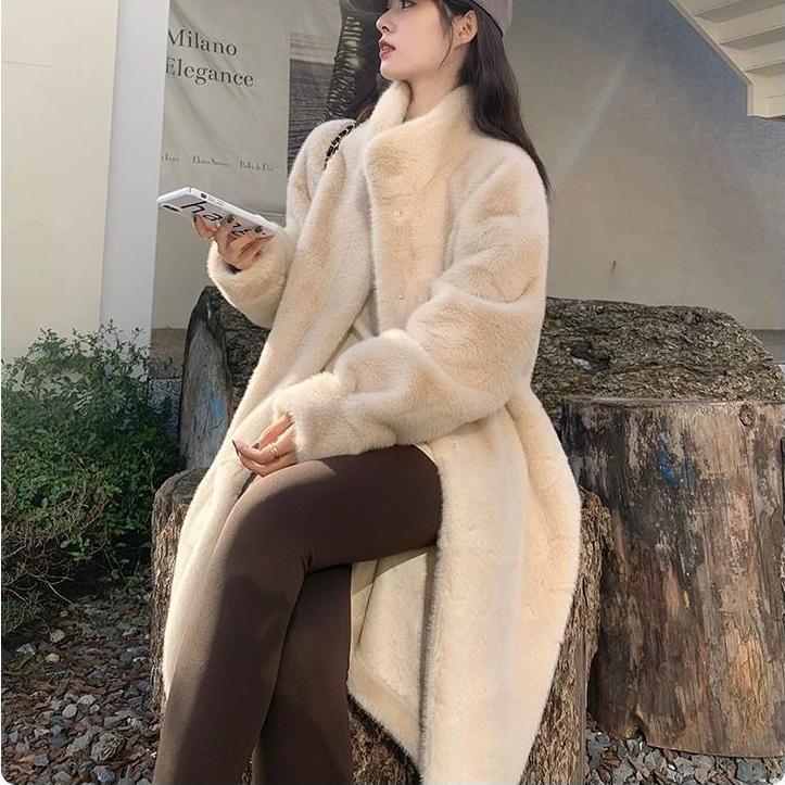 Women Faux Fur Coat Solid Long Fur Coat Fluffy Luxury Loose Casual Stand Up Collar Fur Coat Outerwear Winter