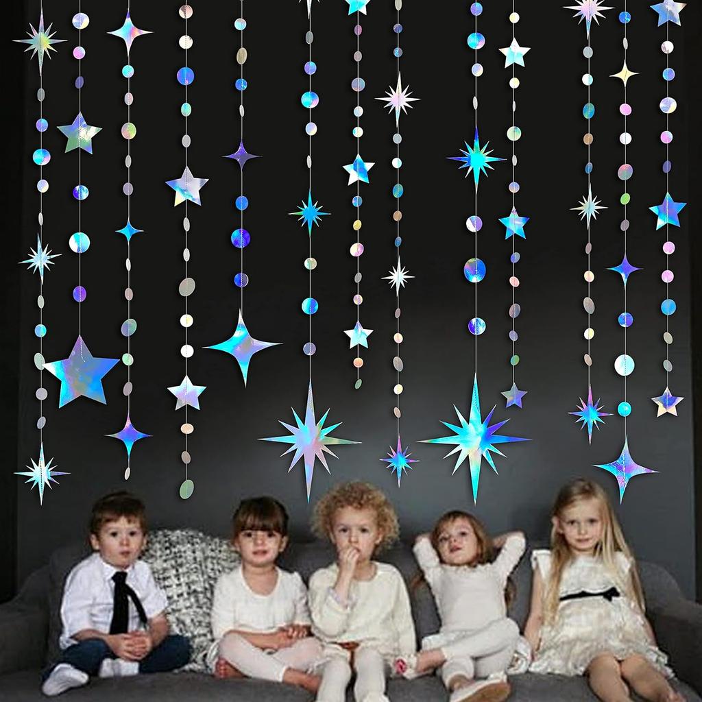 Iridescent Party Decorations Star Circle Dot Paper Garland Banner Bunting Streamer Metallic Hanging Twinkle Star Decoration for Kids Birthday Baby
