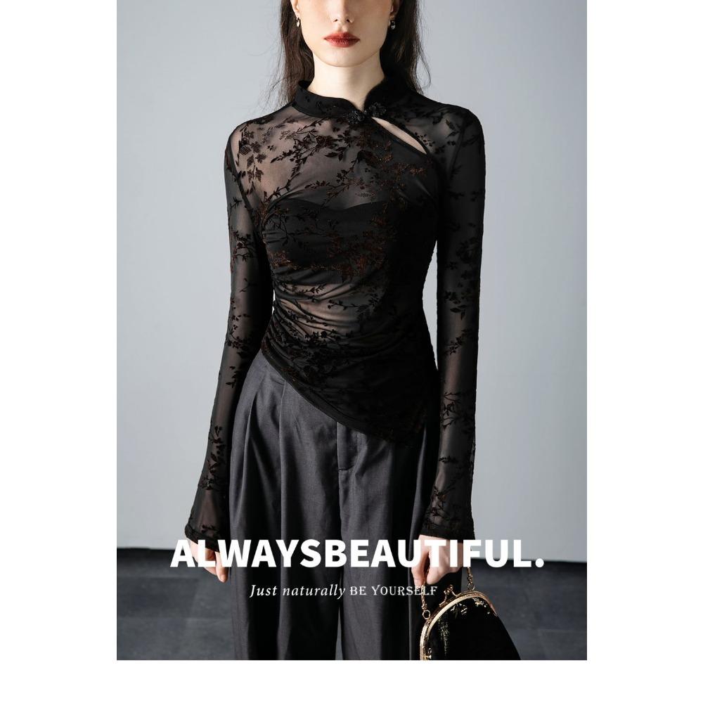 New Chinese Style Stand Up Collar Mesh Base Shirt for Women In Spring Irregular and Chic Printed Long Sleeved T-shirt