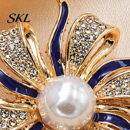 Secure Clasp Brooch Oil Dripping Rhinestone Flower Brooch, Faux Pearl Lapel Pin, Everyday Wear Sweater Cardigan Coat Clothing Accessories, Jewelry
