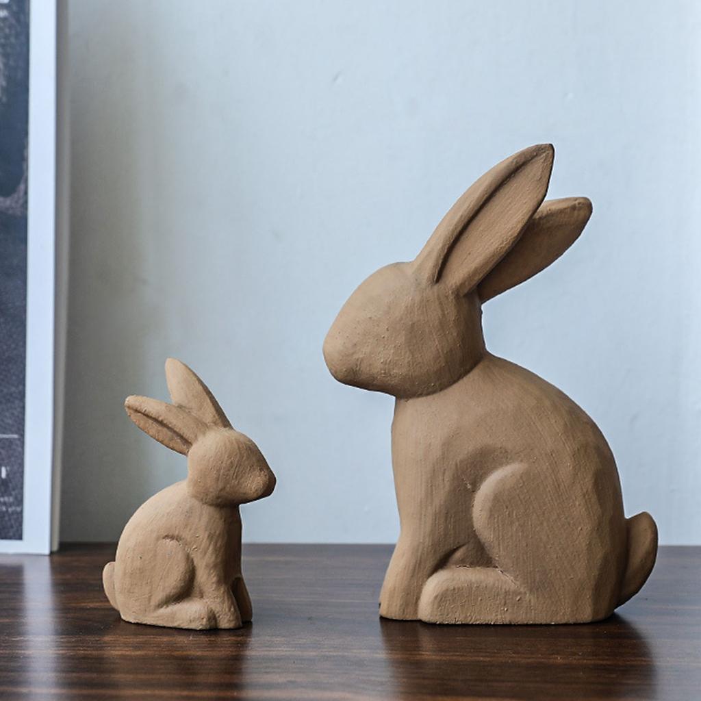 Easters Rabbit Statue Set of 2 Cute Wooden Bunnies Figurines Decors for Living Room or Bedroom Desktop Display Ornaments