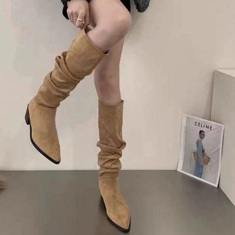 Thick heel retro knight boots but knee long boots pleated pile boots women's tall knight boots new