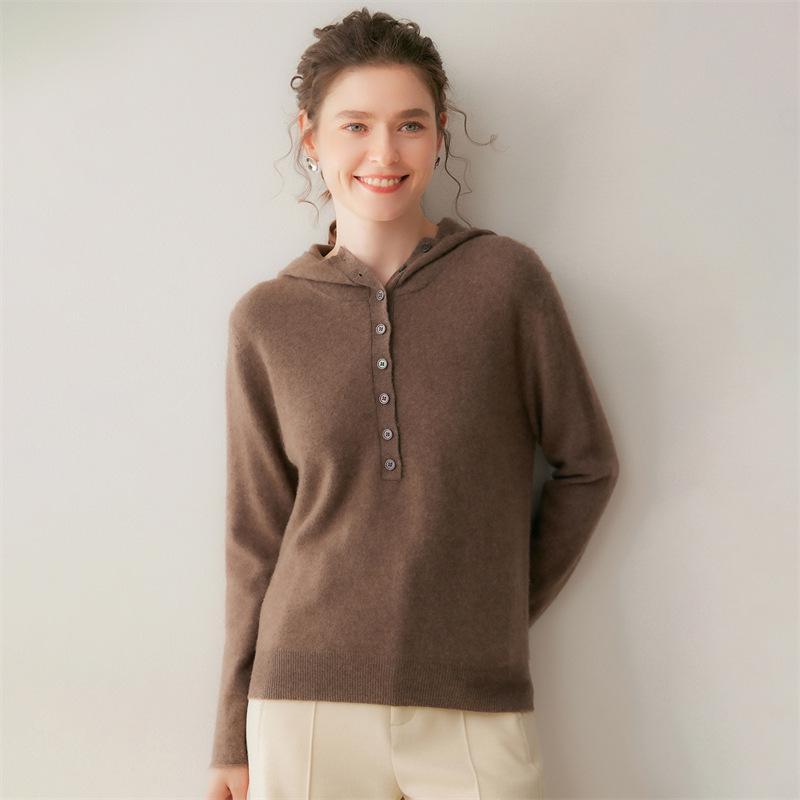 Women's Hooded Cashmere Sweater - 2026 Autumn/Winter Collection, Gentle Style, Loose Fit, Solid Color, Warm Slimming Layer