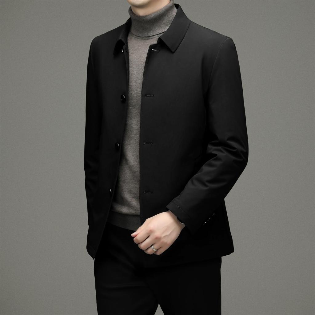 FJSSLHXK Collared Down Business Single Suitable for Senior Men's Jacket, Outerwear, Fold-Over Collar, Button, Men, Commuting, Autumn/Winter, Black,
