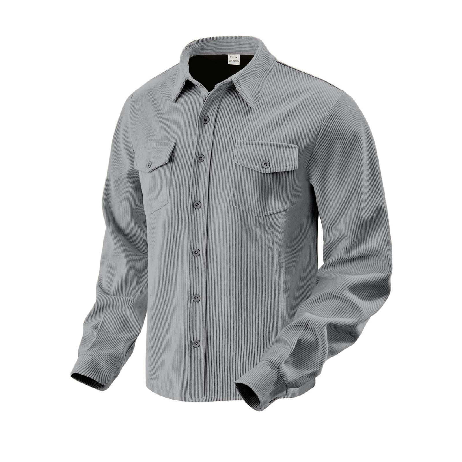 

Men s Solid-color Corduroy Single-breasted Casual Sporty Lapel Long-sleeved Work Shirt XL