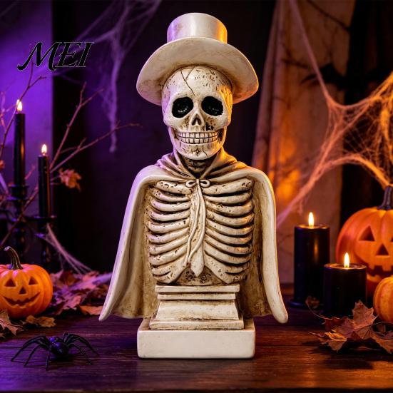 Halloween Tabletop Decoration for Party Gothic Skull Sculpture with Top Hat And Cape, Spooky Resin Prop Display Skeleton Figurine LED Light Home Decor