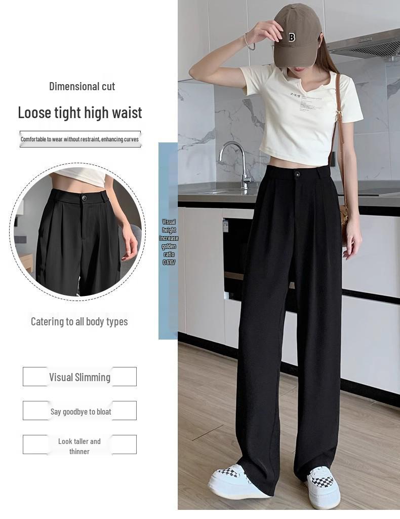 Plus Size Women's Black Drape Wide-Leg Trousers - Summer Casual Fit for Pear-Shaped Bodies