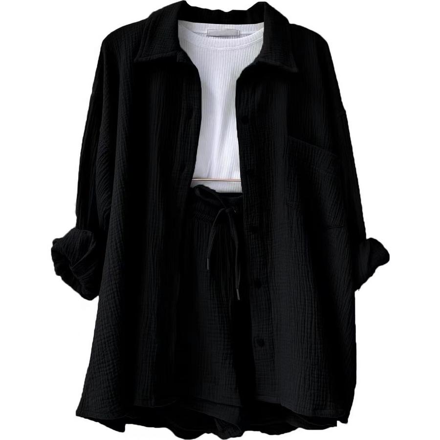 Women's Two Piece Shirt and Shorts Set - Pleated Ruffle Collar Long Sleeve Shirt High Waist Drawstring Shorts Plus Size Fashion Casual Outfit