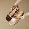 Fashion 2024 New PU Leather Shoes Women Mid Heel Square Toe Casual Shoes Summer Comfortable Ladies Sandals Brown Apricot Size 35-40