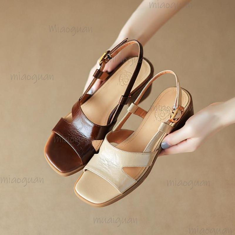Fashion 2024 New PU Leather Shoes Women Mid Heel Square Toe Casual Shoes Summer Comfortable Ladies Sandals Brown Apricot Size 35-40
