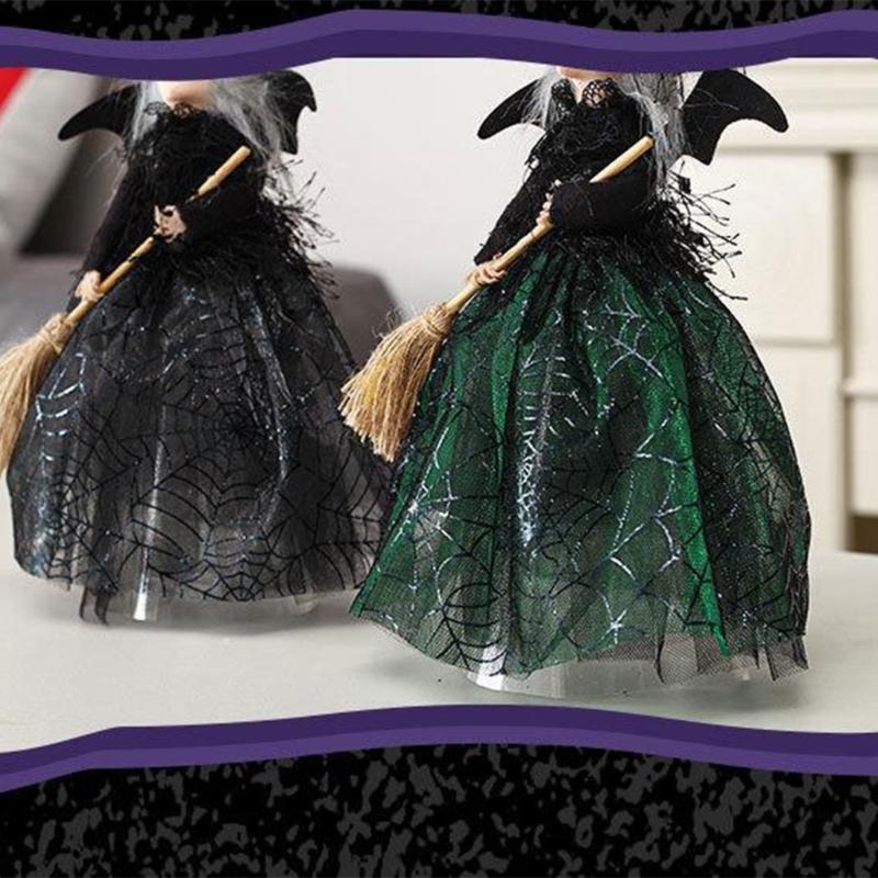 Halloween Witch Doll Desktop Decorations Witch Tree Toppers for Holiday Party Home Decor Witches with Spiders Web Dress