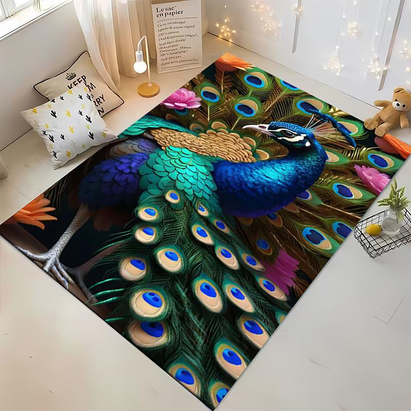 Vivid Peacock with Colorful Feathers Design Rug Non-slip Rug Suitable for Living Room and Bedroom Sofas