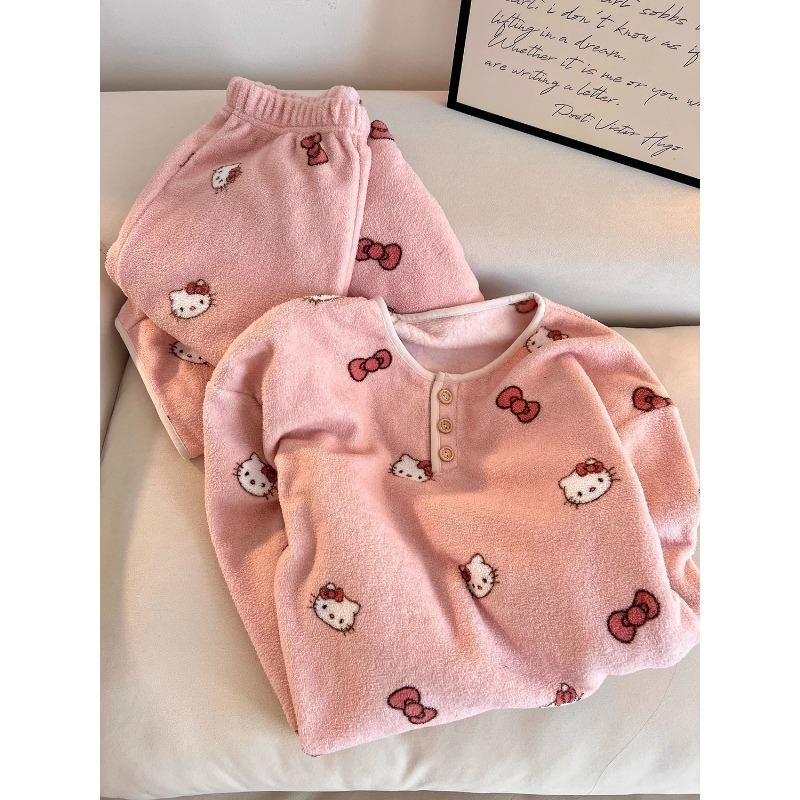Hello Kitty Girls Pajama Sets Kawaii Cartoon Characters Cute Prints Sweet Fashion Versatile Going Out Warm Home Clothes