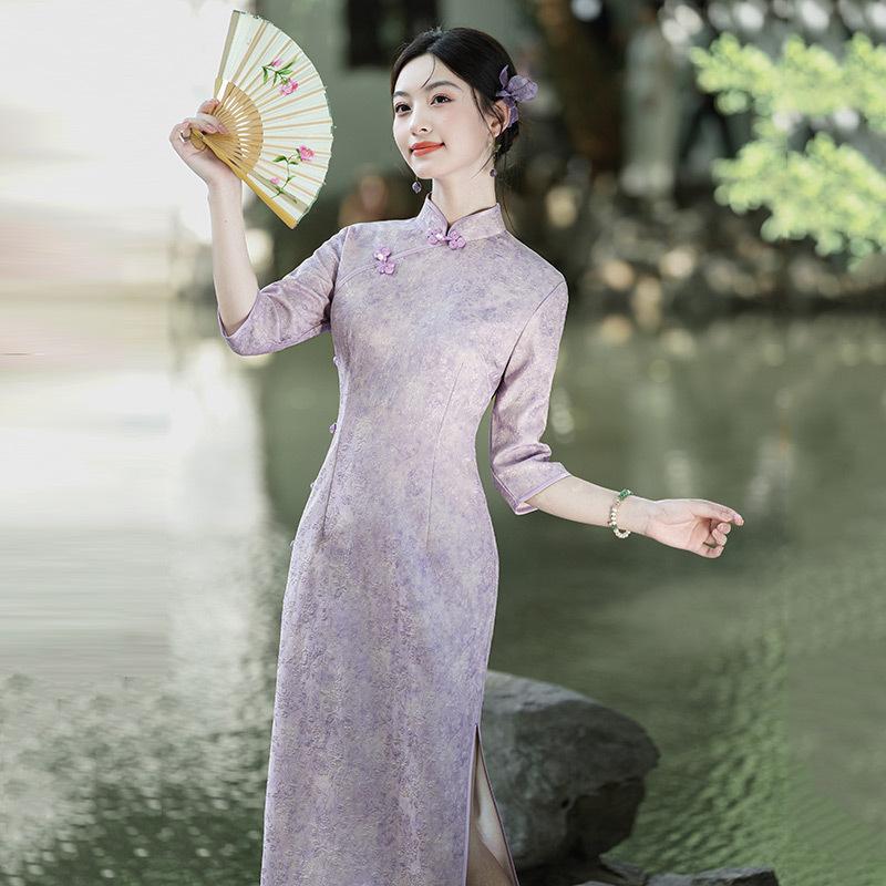 Purple National Style New Chinese Long Autumn Long-sleeved Cheongsam Improved Young Women's High-end Sense Retro Slim Spring and Autumn