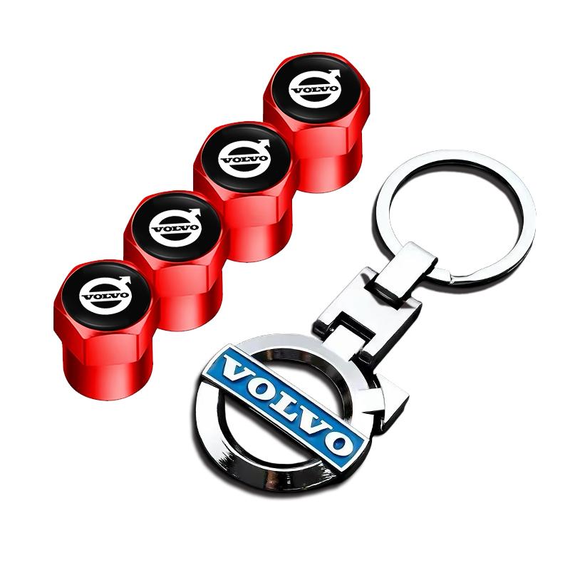 Car Tire Wheel Valve Cap Cover+Metal Car Key Chain Ring Keychain For Volvo V50 XC60 V40 XC90 S60 XC40 V60 V70 S90 Olestar AWD T6