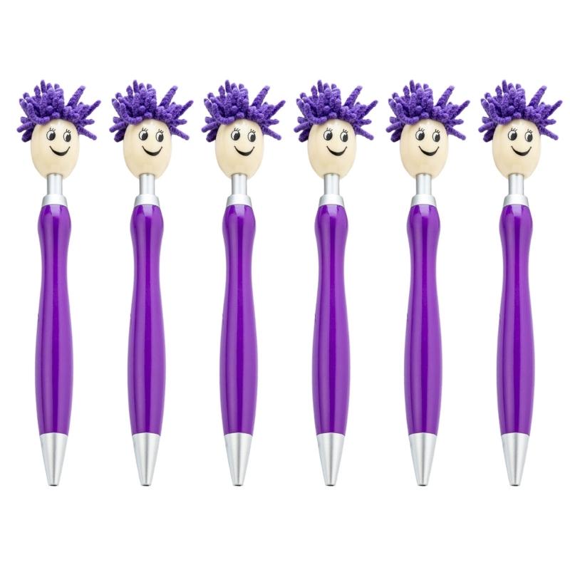 6pcs 1.0mm Mop Head Pen Retractable Ballpoint Pen with Plush Hair Smooth Writing Pen School Office Supplies for Teacher