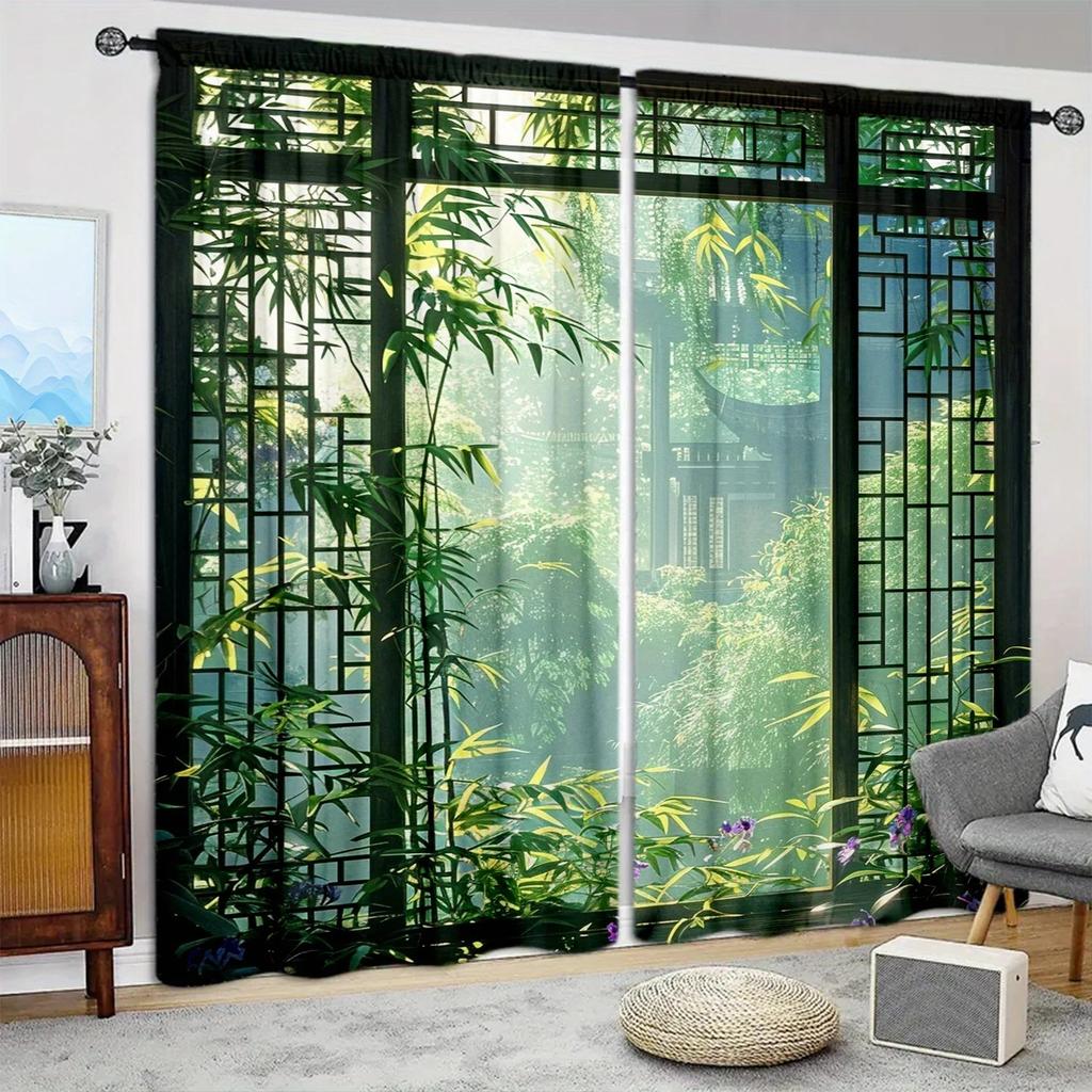 2pcs Verdant Bamboo Curtain  Rod Pocket  Drapes   Privacy Window Treatment   Living Room Decor  Holiday Window Decor   Nature Home De