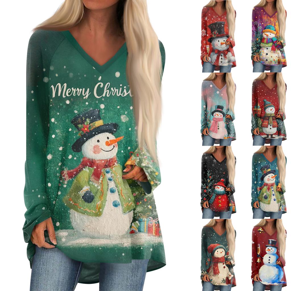 Ladies' Fashionable Casual Christmas Printed T-shirt Long Sleeved V-neck Mid Length Top