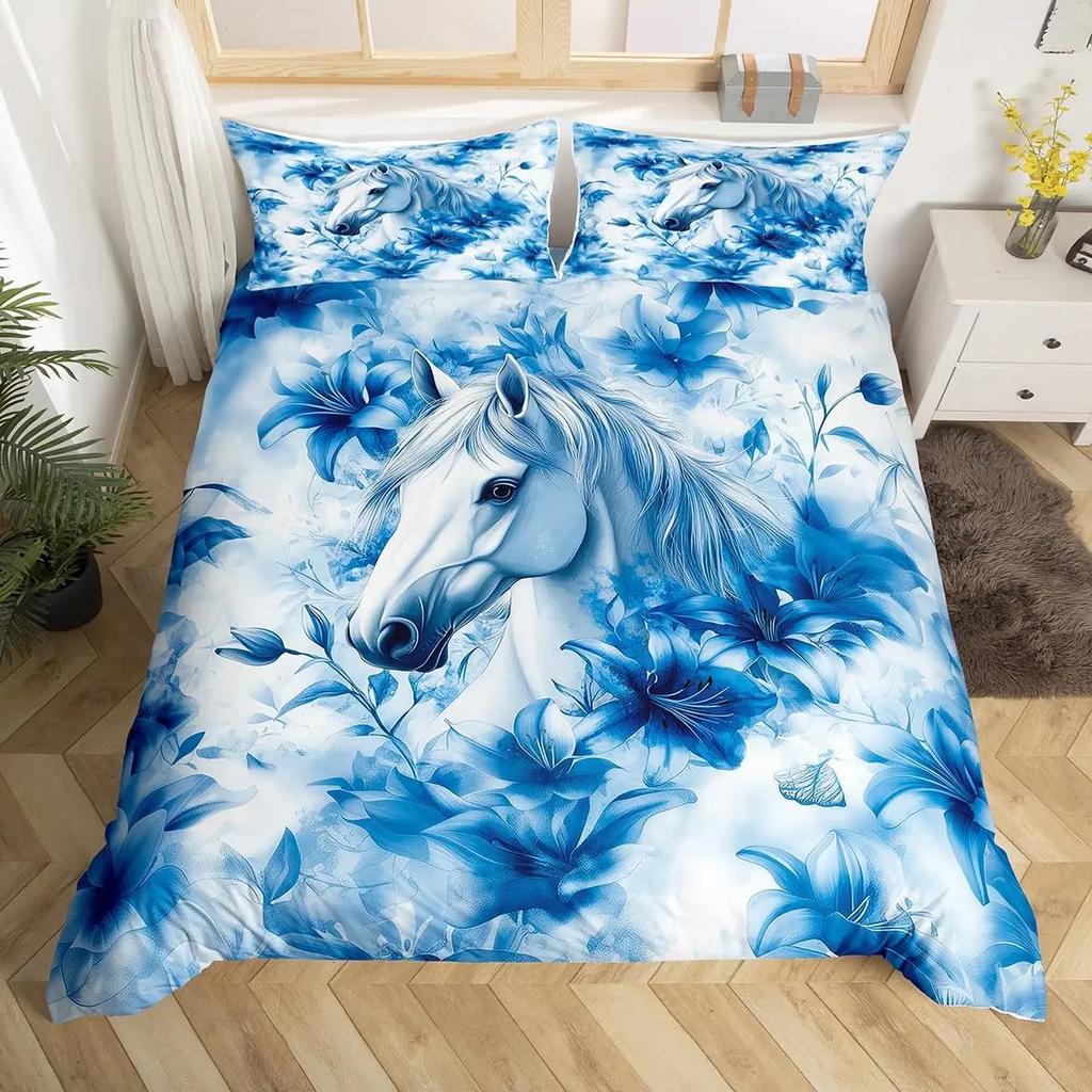 Cherry Blossom Horse Comforter Cover Twin for Kids Boys, Wild Animal Bedding Set Galloping Horse Duvet Cover with 2 Pillowcase