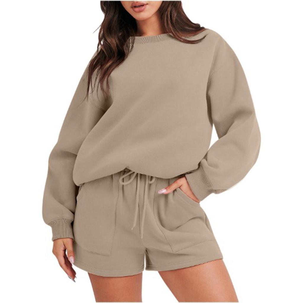 Women's Fashion Sportswear Casual Long-Sleeved Pullover Sweatshirt Drawstring Shorts Set
