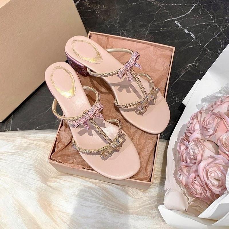 Fashion Luxury Crystal Glitter Bowknot Narrow band Women Slipper Sandals Comfor Square heeled Mules Slides Summer Female Daily Shoes