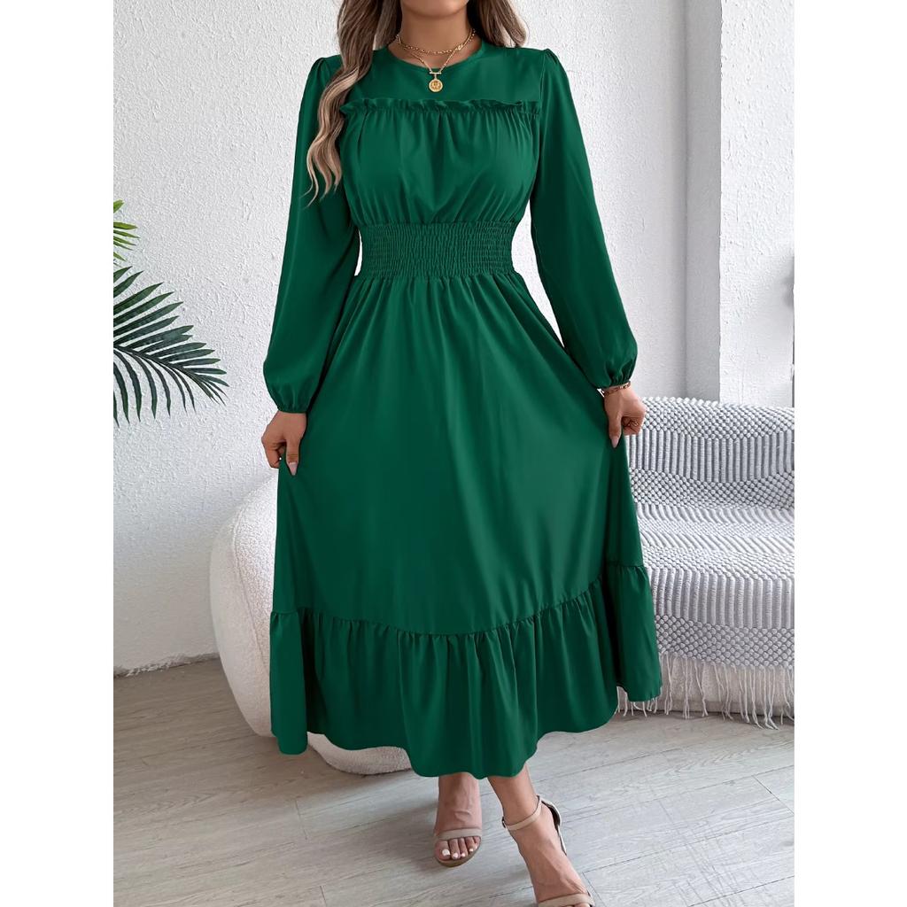 Autumn and Winter Casual Elegant Solid Color Round Neck Long Sleeved Waist Cinched Lotus Leaf Edge Dress Women Clothing