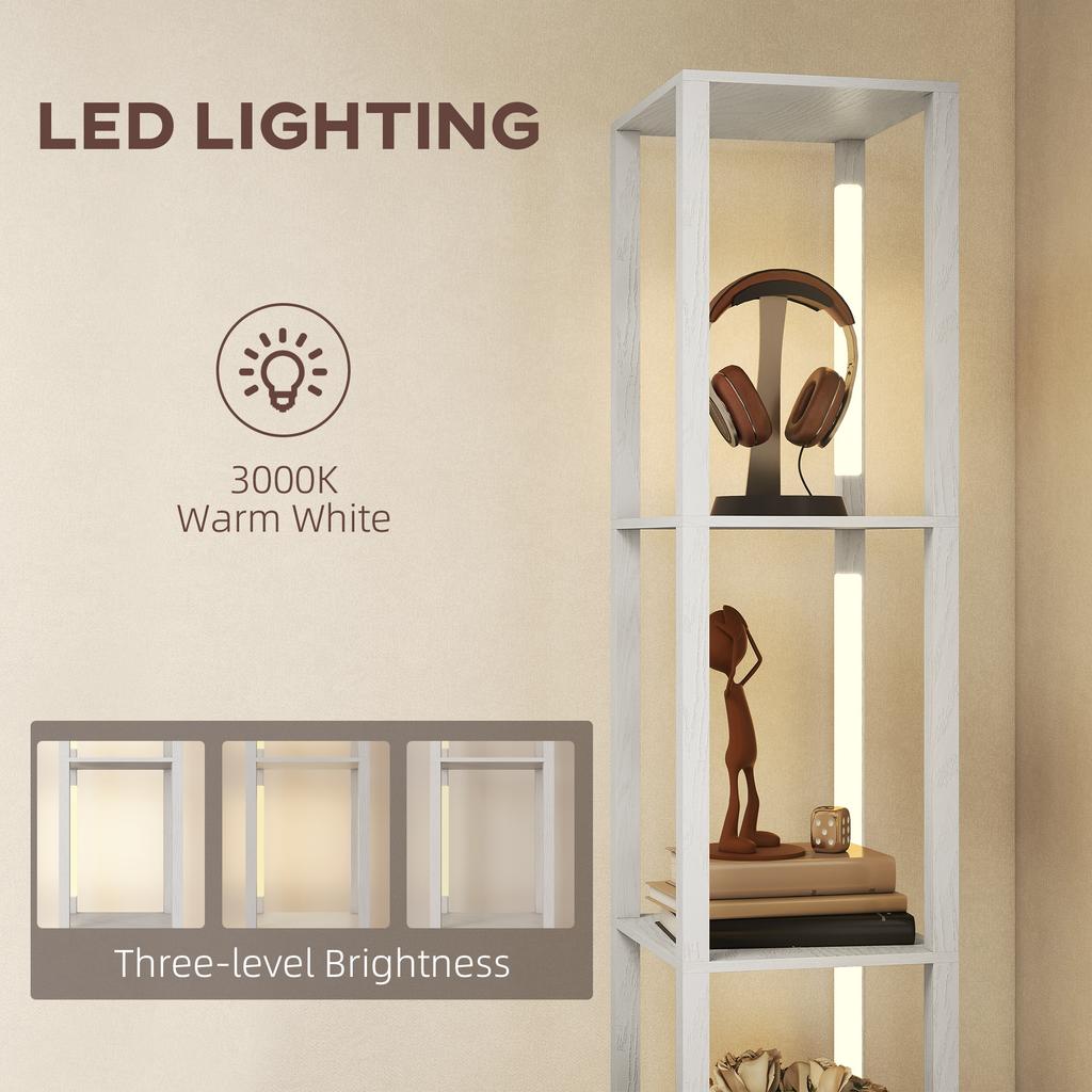 Floor Lamp with Shelves, LED Column Modern Standing Lamp with Fabric Drawer, Adjustable Brightness, Foot Switch for Living Room, Bedroom, Office
