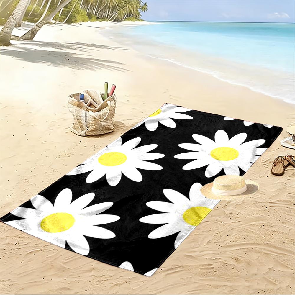 White Daisies on Black Background Beach towel quick-drying for travel outdoor sports jogging beach and swimming