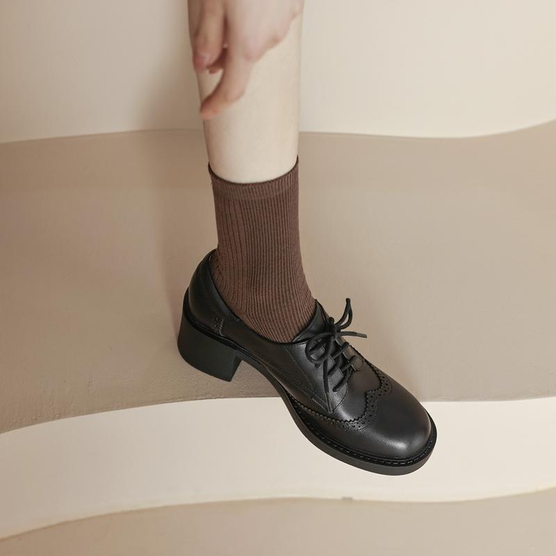 Fashion Women's New Sculptured Comfortable Inner and Outer Leather Thick Sole Round Head Lace up Mid Heel Large Block Oxford Shoes