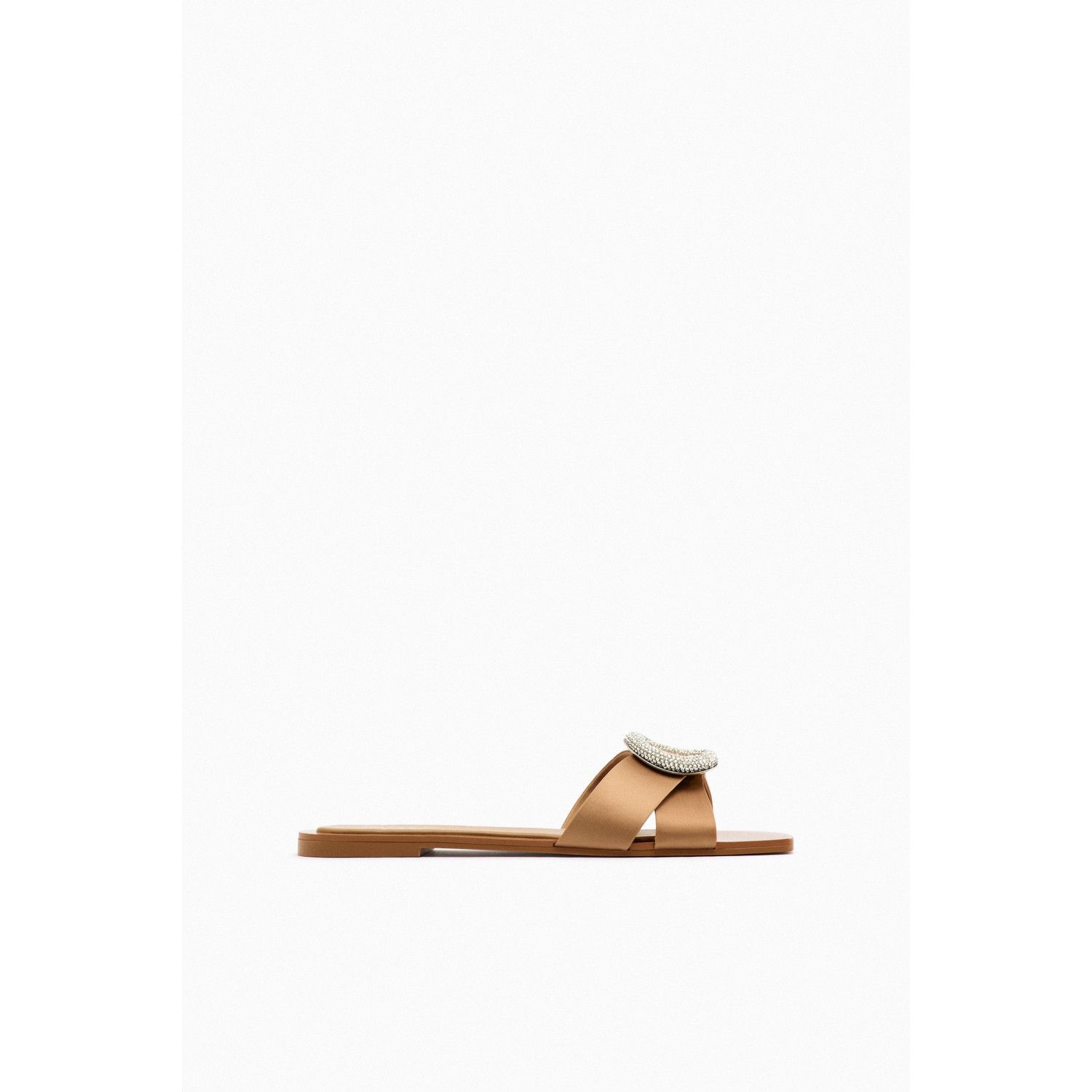 

SATINY FLAT SLIDER SANDALS WITH FAUX PEARLS