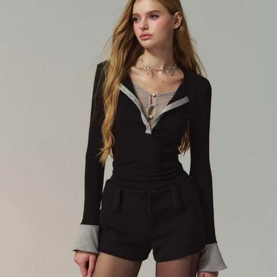 Spring and Autumn American Retro Lace Fake Two-piece Spliced Slim Long Sleeve T-Shirt