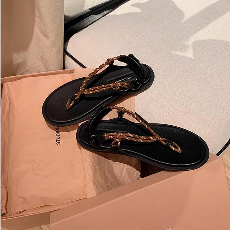 

Виноградная мать сверкающие стразы ~ римский стиль плоский низ веревочный узел универсальные пальцы на шлепанцах сандалии женские летние модели 40