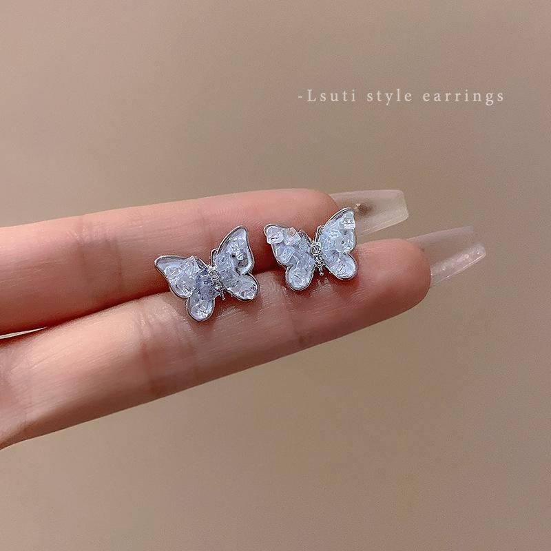Silver needle gradual change blue butterfly stud earrings women's small exquisite high-end earrings light luxury temperament earrings
