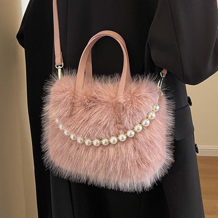 Furry Portable Small Bag Fashion Pearl Furry Small Square Bag Autumn And Winter Texture Women'S Messenger Bag