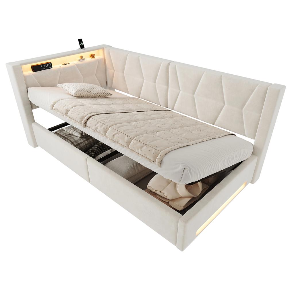 Letto imbottito 90x200 cm con contenitore, illuminazione a LED sulla testiera e sulla pediera, USB e Type-C, box letto idraulico, rete a doghe, letto singolo, beige