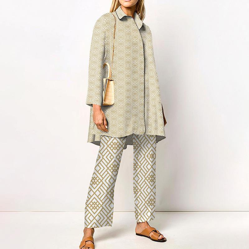 Grünes geometrisches Print Damenhemd und Wide Leg Hosen Kombinationsset