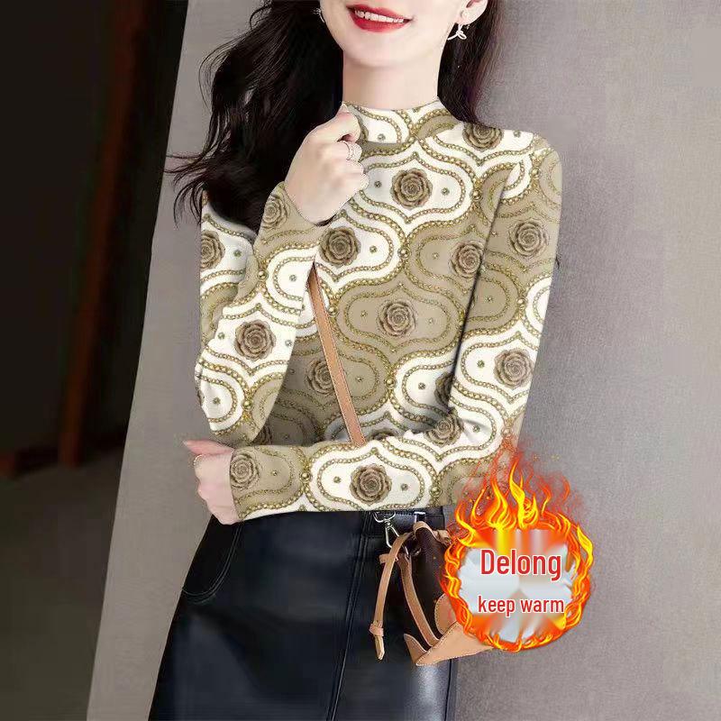 

Women s Ribbed Fleece Base Layer Top: Half-High Neck, Long Sleeves, Stylish Print, Versatile for Middle-Aged & Elderly, Slimming Fit. 2XL (120-135 lbs)