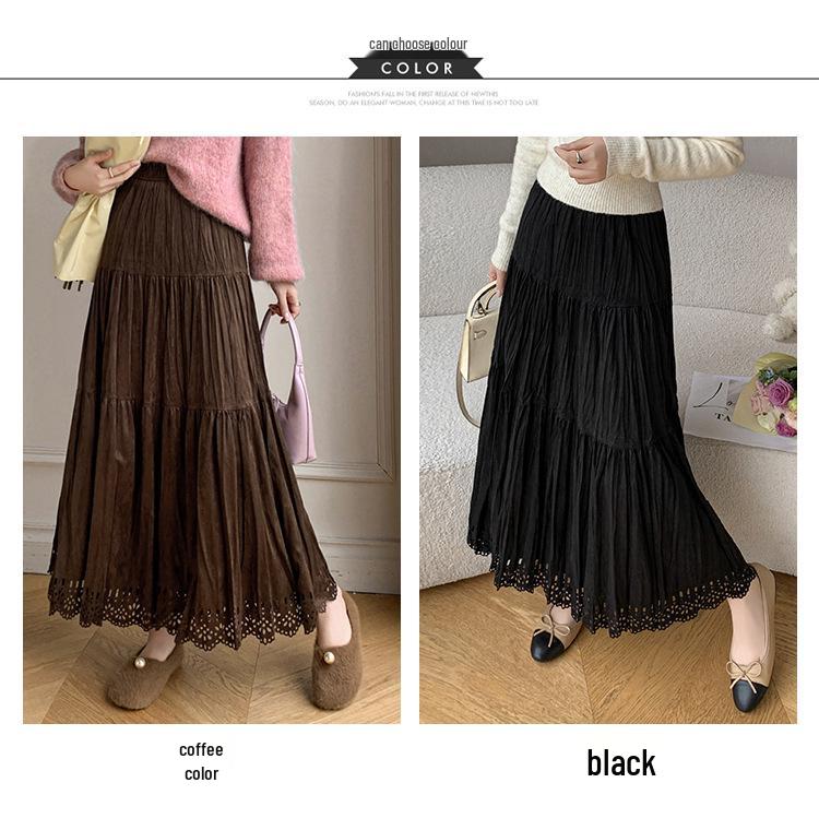 Pleated Suede Velvet A-line Skirt with Elastic High Waist