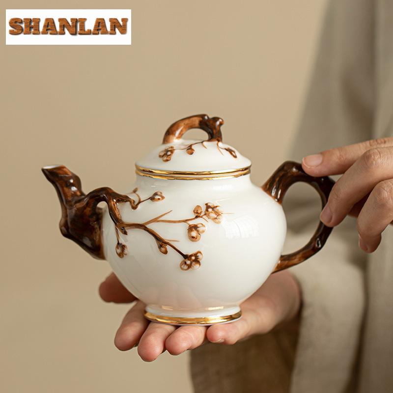 300ml Handmade Relief Plum Blossom Art Teapot Aesthetic Sheep Fat Jade Porcelain Pot Tea Making Kettle Teaware Accessories Gift
