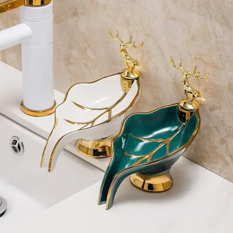 Nordic Light Luxury Style Creative Soap Box Portable Leaf Soap Holder Bathroom Household Ceramics Drain Soap Rack Dish Tray 1pc
