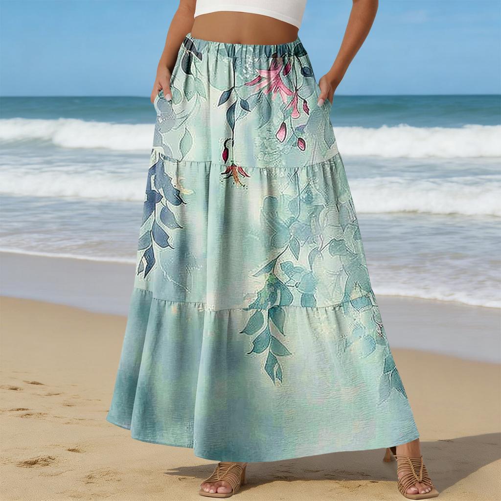 Women's Casual High Waist Drawstring A-line Skirt Color Skirt With Pockets