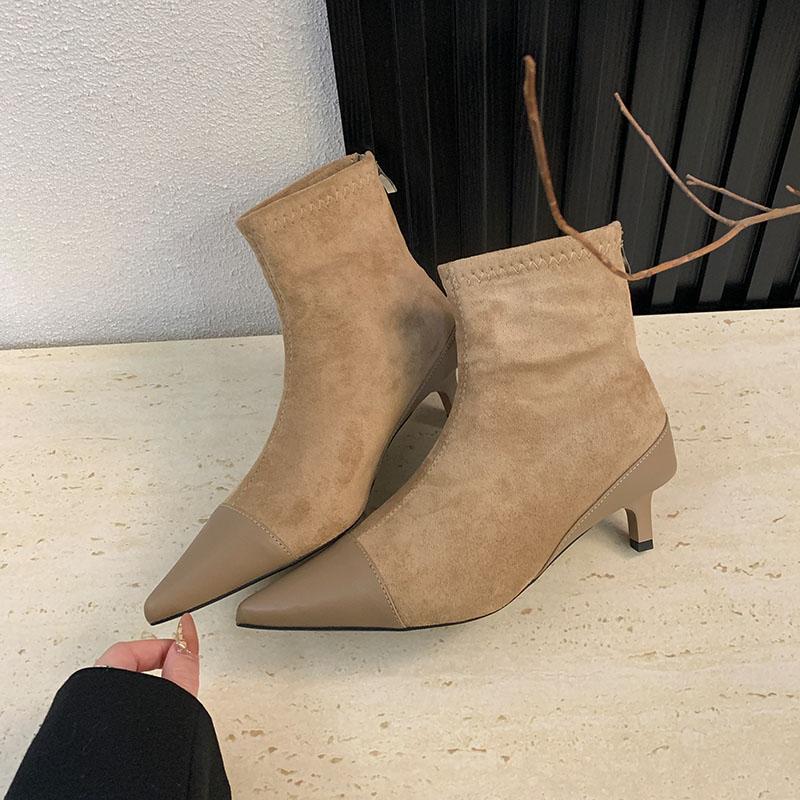 Flock Women Short Boots With Low Heel Shoes Pointed Toe Modern Ladies Ankle Boots Female Zippers Shoes Pumps