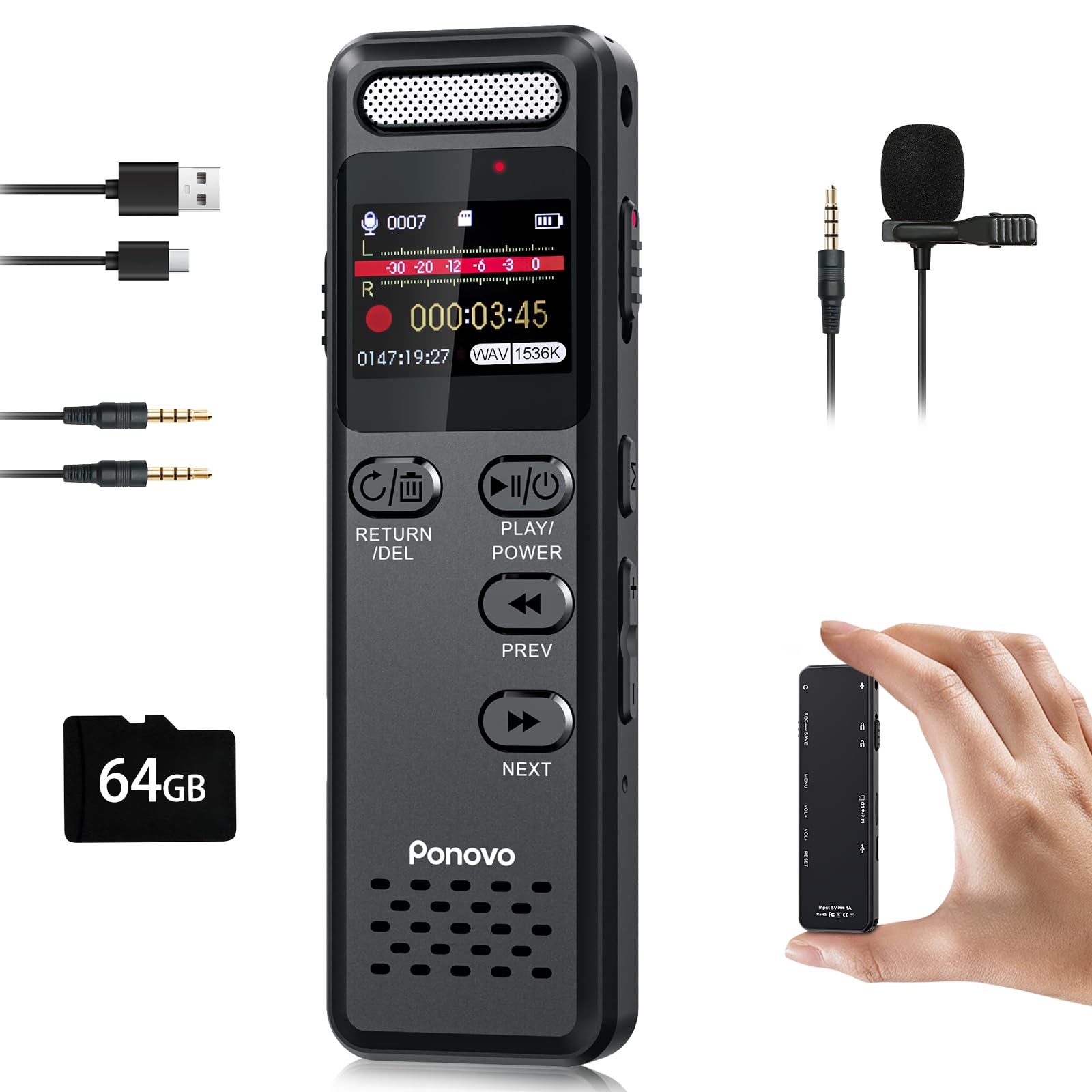 

Compact 96GB Voice Recorder with 100 Hours of Continuous 1536kbps Sound Color Lock SD Card Repeat VOR Timer Variable Speed Recording Noise Password