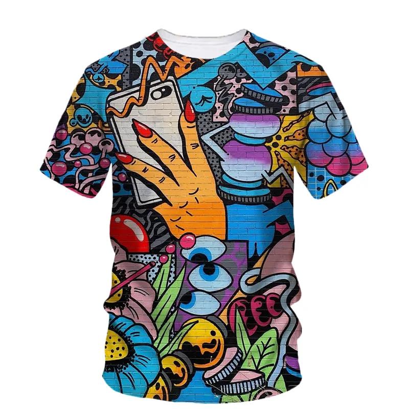 Sommar Ny Kreativ Graffiti Målning Konst Linje T-shirt Herr Mode Casual Hip Hop Harajuku 3D HD Tryckt O Krage Kort Ärm
