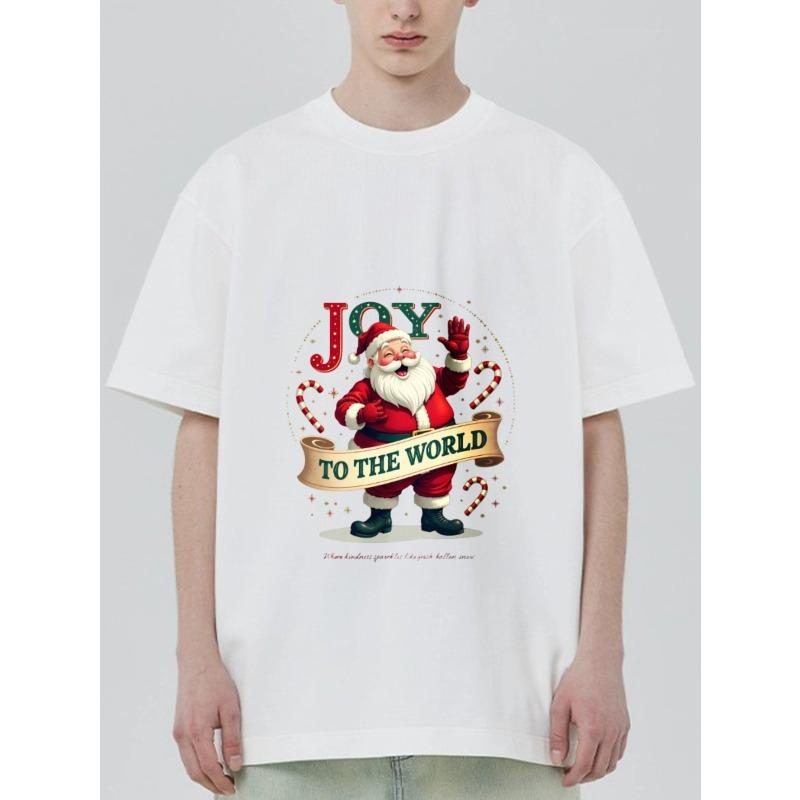 Christmas T Shirt Black Santa Claus Joy To The World Print Holiday Party Wear