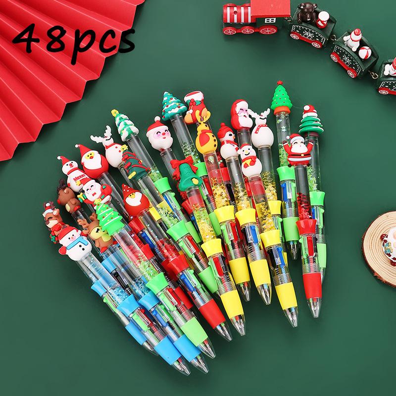 48Pcs Christmas Sand Four-color Ballpoint Pen Multicolor Pens 4 in1 Kawaii Animal Party Ballpoint Pens for Birthdays Parties Cute Gifts 0.7mm