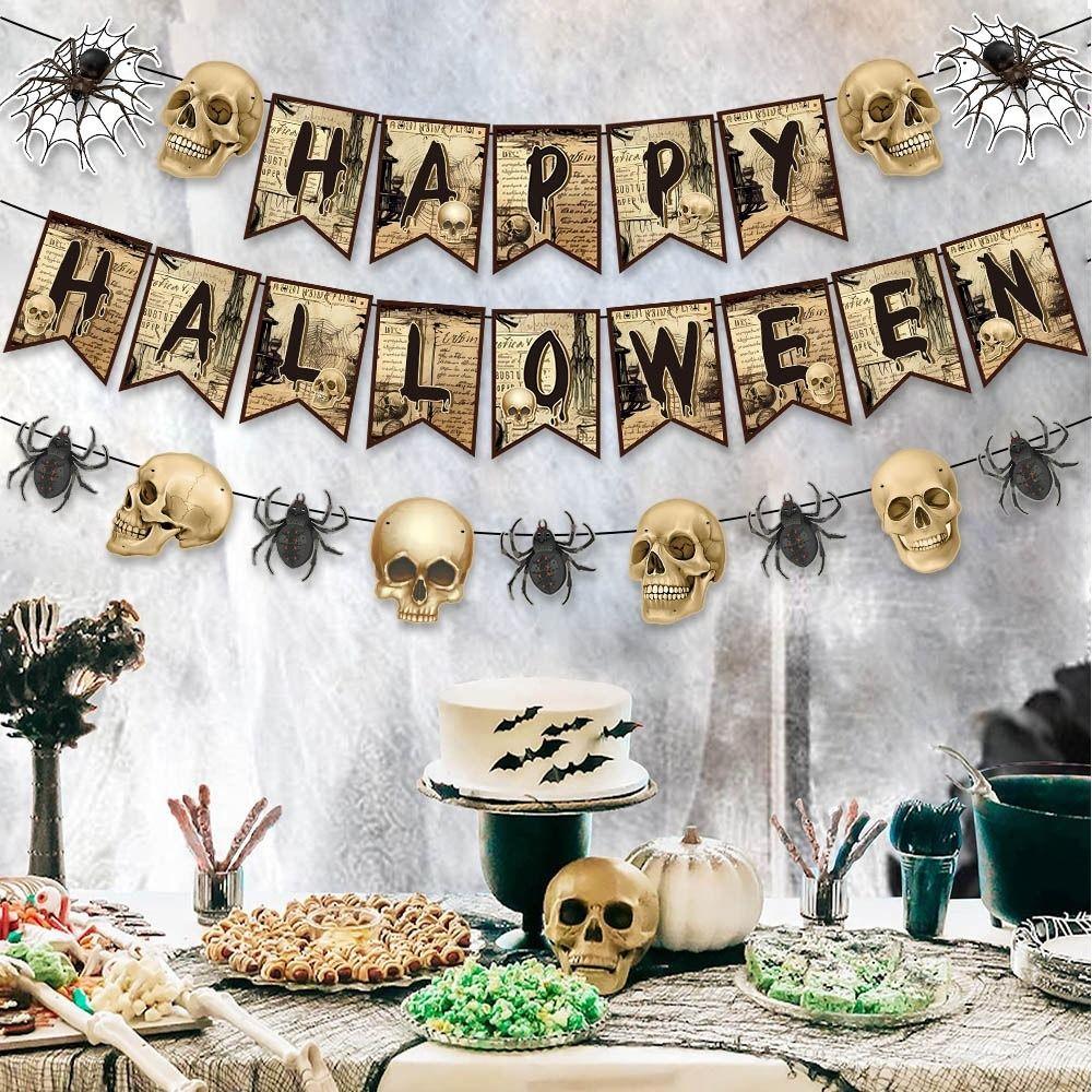 Retro Halloween Hanging Banner Witch Spider Web Skull Pendant Ornament Scary Creative Happy Halloween Party Decorations