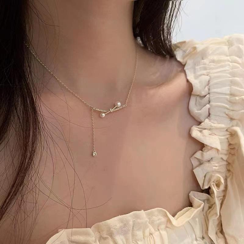 Cross Pearl Necklace Y-Shaped Pendant Chain Adjustable Length Delicate Design Lightweight Jewelry for Women and Girls Silver Tone