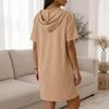 Women Hooded Short Sleeve Dress with Zipper Front Pockets Casual Straight Fit Knee Length Pullover
